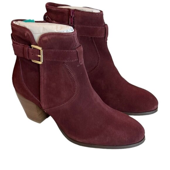 Diba Women's Sleek Bootie Burgundy Suede Buckle Stacked Heel LeatherSize 8.5 NWT - Picture 8 of 8